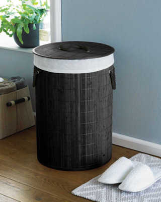 Bamboo Laundry Hamper Basket Clothes Storage Round Charcoal