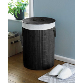 Bamboo Laundry Hamper Basket Clothes Storage Round Charcoal