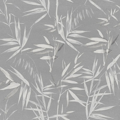 Bamboo Leaves Grey Wallpaper Metallic Silver Botanical Tropical Feature Wall