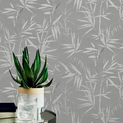 Bamboo Leaves Grey Wallpaper Metallic Silver Botanical Tropical Feature Wall