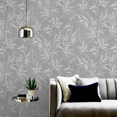 Bamboo Leaves Grey Wallpaper Metallic Silver Botanical Tropical Feature Wall