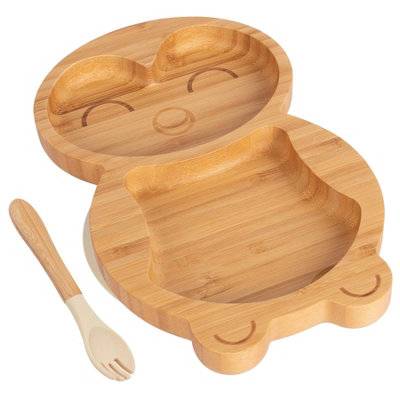 Bamboo Penguin Baby Weaning Plate & Fork Set - Beige