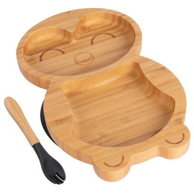 Bamboo Penguin Baby Weaning Plate & Fork Set - Black