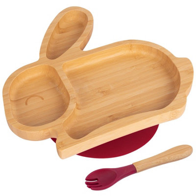 Bamboo Rabbit Baby Weaning Plate & Fork Set - Red