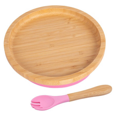 Bamboo Round Baby Weaning Plate & Fork Set - Pink