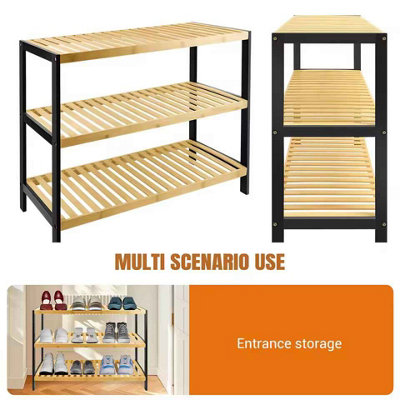 bamboo shoe rack, 3 tier natural wooden shoe rack, space saving storage organiser, durable easy assembly shoe stand