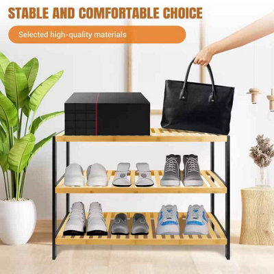 bamboo shoe rack, 3 tier natural wooden shoe rack, space saving storage organiser, durable easy assembly shoe stand
