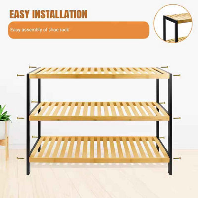 bamboo shoe rack, 3 tier natural wooden shoe rack, space saving storage organiser, durable easy assembly shoe stand