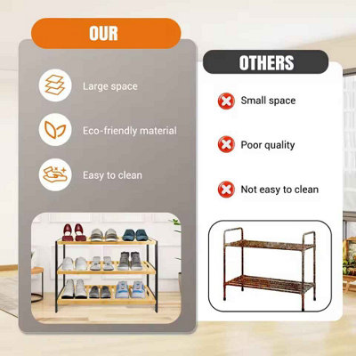 bamboo shoe rack, 3 tier natural wooden shoe rack, space saving storage organiser, durable easy assembly shoe stand