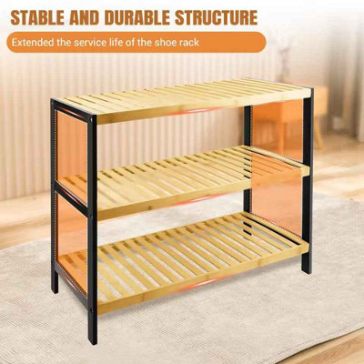 bamboo shoe rack, 3 tier natural wooden shoe rack, space saving storage organiser, durable easy assembly shoe stand