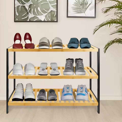 bamboo shoe rack, 3 tier natural wooden shoe rack, space saving storage organiser, durable easy assembly shoe stand