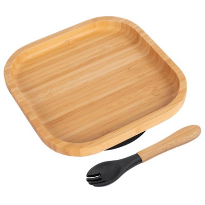 Bamboo Square Baby Weaning Plate & Fork Set - Black