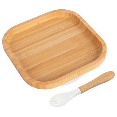 Bamboo Square Baby Weaning Plate & Fork Set - White