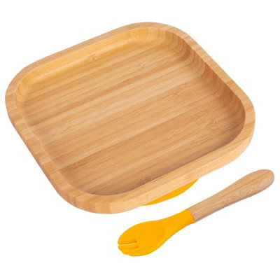 Bamboo Square Baby Weaning Plate & Fork Set - Yellow