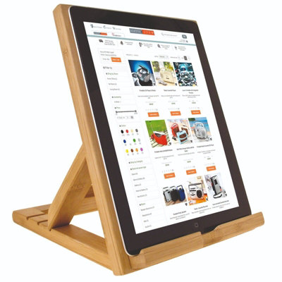 Bamboo Tablet Holder - Foldable Wooden Device Stand with 3 Adjustable Angles for Tablets, Phones & E-Readers - H25 x W20 x D25cm