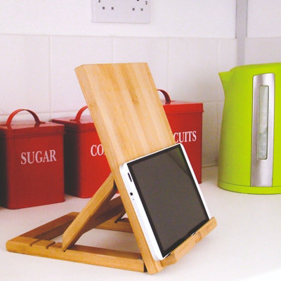 Bamboo Tablet Holder - Foldable Wooden Device Stand with 3 Adjustable Angles for Tablets, Phones & E-Readers - H25 x W20 x D25cm