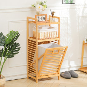 Bamboo Tilt Out Laundry Cabinet Hamper Basket with Liner Bag and 2 Storage Shelf