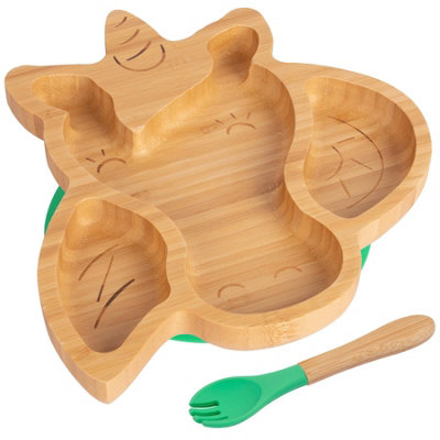 Bamboo Unicorn Baby Weaning Plate & Fork Set - Green