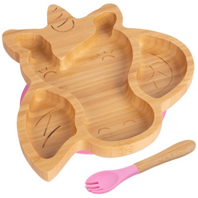 Bamboo Unicorn Baby Weaning Plate & Fork Set - Pink