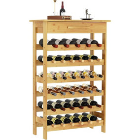 Bamboo Wine Rack with Drawer, 6-Tier 35 Bottles Free Standing Floor Wine Holder Storage Display Shelves for Home, Kitchen, Bar, Wi