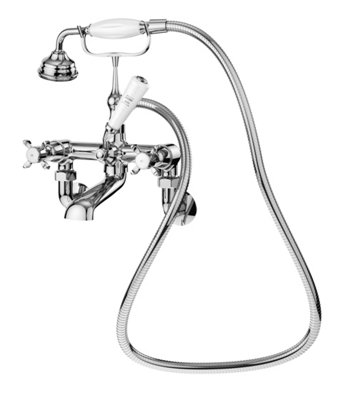 Bamford Traditional Wall Mounted Crosshead Bath Shower Mixer Tap with Shower Kit - Chrome/White - Balterley