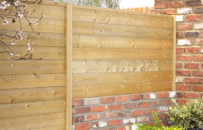 This image depicts some light brown fencing slats, both supported by fence posts and supported by a wall, dividing the outside space and driveway from the gardening area. 