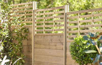 This image shows a garden trellis fence panel with open spaced fence slats, in a garden full of shrubbery. 