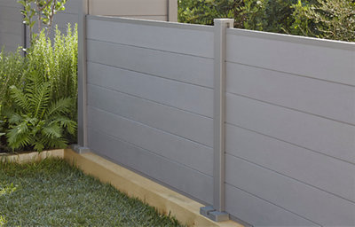 The neva taupe fence slats, featuring a tongue-and-groove design for modular assembly, UV-protected and mould-resistant composite material, ideal for creating custom-height panels in the Neva fencing system