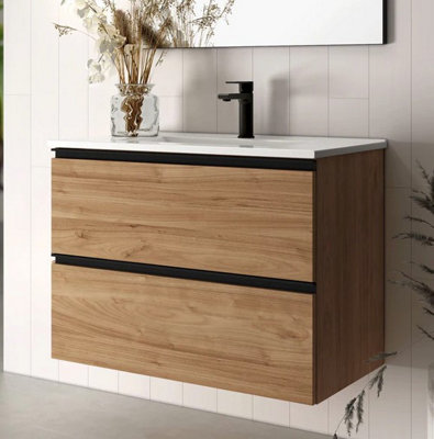 Banyetti Akiro 600mm Wall Hung Basin Unit with Matt Black Handles - Walnut