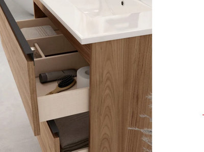 Banyetti Akiro 600mm Wall Hung Basin Unit with Matt Black Handles - Walnut