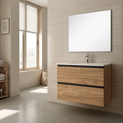 Banyetti Akiro 600mm Wall Hung Basin Unit with Matt Black Handles - Walnut