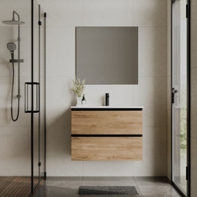 Banyetti Akiro 800mm Wall Hung Basin Unit with Matt Anthracite Handles - Walnut