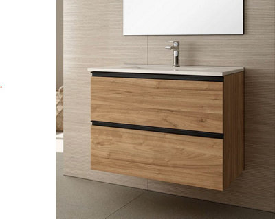 Banyetti Akiro 800mm Wall Hung Basin Unit with Matt Black Handles - Walnut