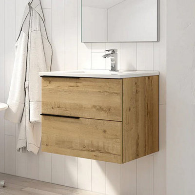 Banyetti Celtic 600mm Wall Hung Basin Unit with Matt Black Handles - Ostippo Oak