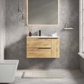 Banyetti Celtic Duo 800mm Wall Hung Basin Unit with Door & Basin - Ostippo Oak