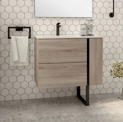 Banyetti Evora 800mm Wall Hung Basin Unit with Matt Black Handles - Iron Oak