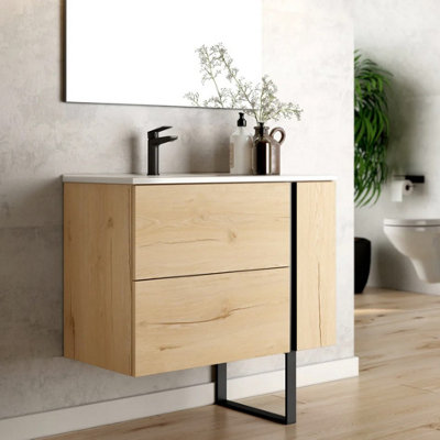 Banyetti Evora 800mm Wall Hung Basin Unit with Matt Black Handles - Natural Oak