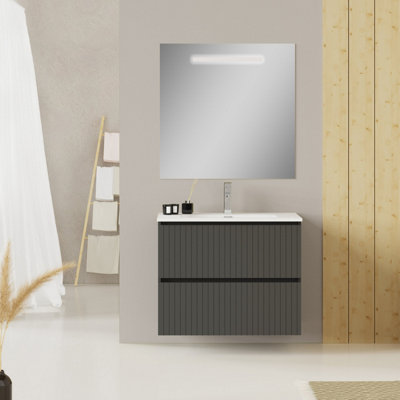 Banyetti Linea Matt Grey Ribbed Double Drawer Wall Hung Vanity Unit 800mm x 390mm