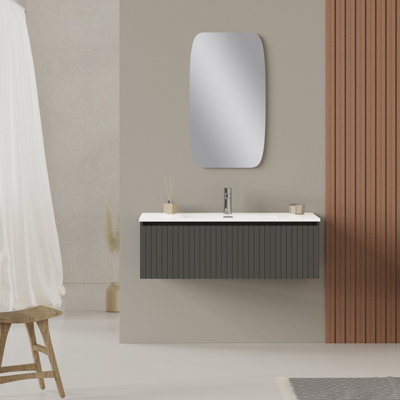 Banyetti Linea Matt Grey Ribbed Wall Hung Vanity Unit 1000mm x 390mm