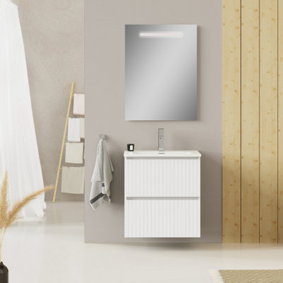 Banyetti Linea Matt White Fluted Double Drawer Wall Hung Vanity Unit Including Basin 600mm x 460mm