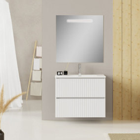 Banyetti Linea Matt White Ribbed Double Drawer Wall Hung Vanity Unit 800mm x 390mm