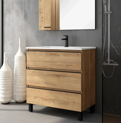 Banyetti Vatilla 1000mm Floorstanding Basin Unit with Matt Black Handles - Ostippo Oak