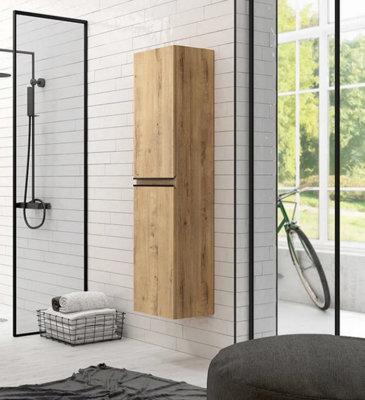 Banyetti Vatilla 1500mm Wall Hung Tall Cabinet with Matt Black Handles - Ostippo Oak