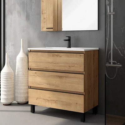 Banyetti Vatilla 800mm Floorstanding Basin Unit with Matt Black Handles - Ostippo Oak