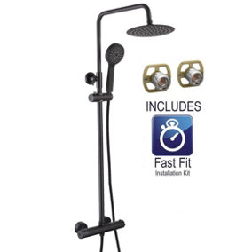 BAP Matt Black Thermostatic Mixer Shower Set Round Black Twin Head Exposed Valve + Fast Fit Kit