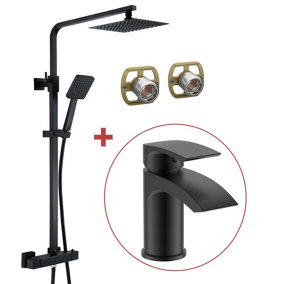BAP Matt Black Thermostatic Mixer Shower Set Square Black Twin Head Exposed + Tap