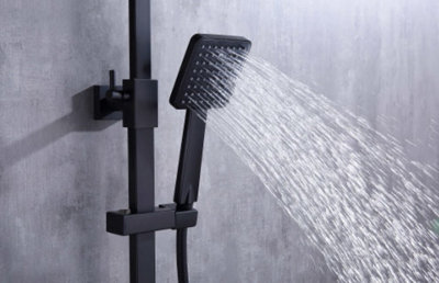 Matte Black Bathroom Thermostatic Exposed Shower Mixer Twin Shower Head Square Bar Set Black