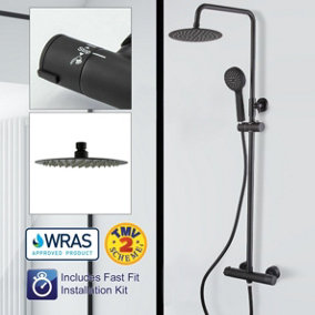 BAP Round Black Thermostatic Dual Control Twin Head Shower Mixer Ultra Thin + Kit