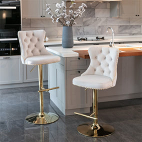 Bar Chair (2PCS), Bar Stool with Backrest, Electroplated Gold Chair Legs, up to 136 kg Load-bearing, Velvet, Beige