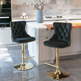 Bar Chair (2PCS), Bar Stool with Backrest, Electroplated Gold Chair Legs, up to 136 kg Load-bearing, Velvet, Black